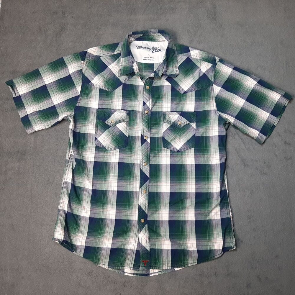 Wrangler Shirt Mens Large Green 20X Ombre Plaid Shadow Pearl Snap Western Ranch